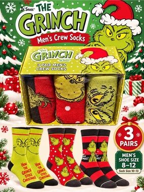 NWT Grinch Men's Crew Socks - 3 Pair Pack Bioworld